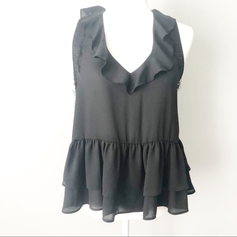 Zara black ruffle peplum sheer tank top blouse small